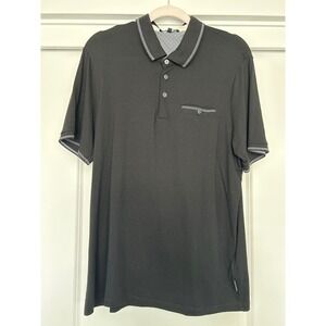 Ted Baker Mens Black Cotton Modal Short Sleeve Polo Shirt Pattern Trim Size 5 XL